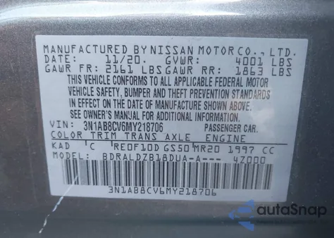 2021 Nissan Sentra Sv Xtronic Cvt из США, поврежденный, VIN 3N1AB8CV6MY218706